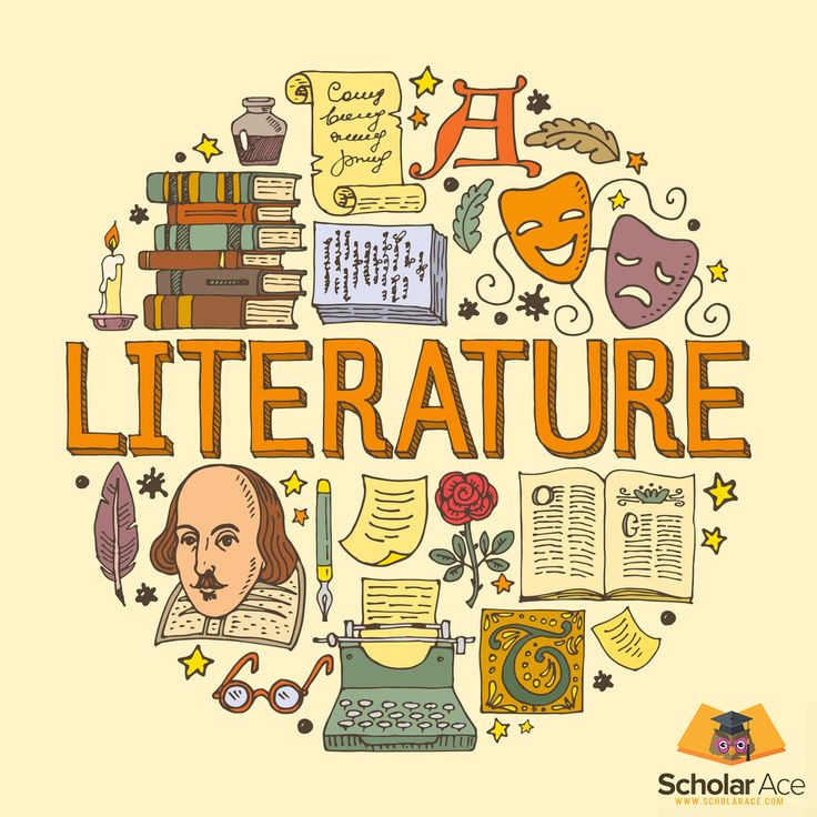 the word literature surrounded by books and other items in a circle on a yellow background