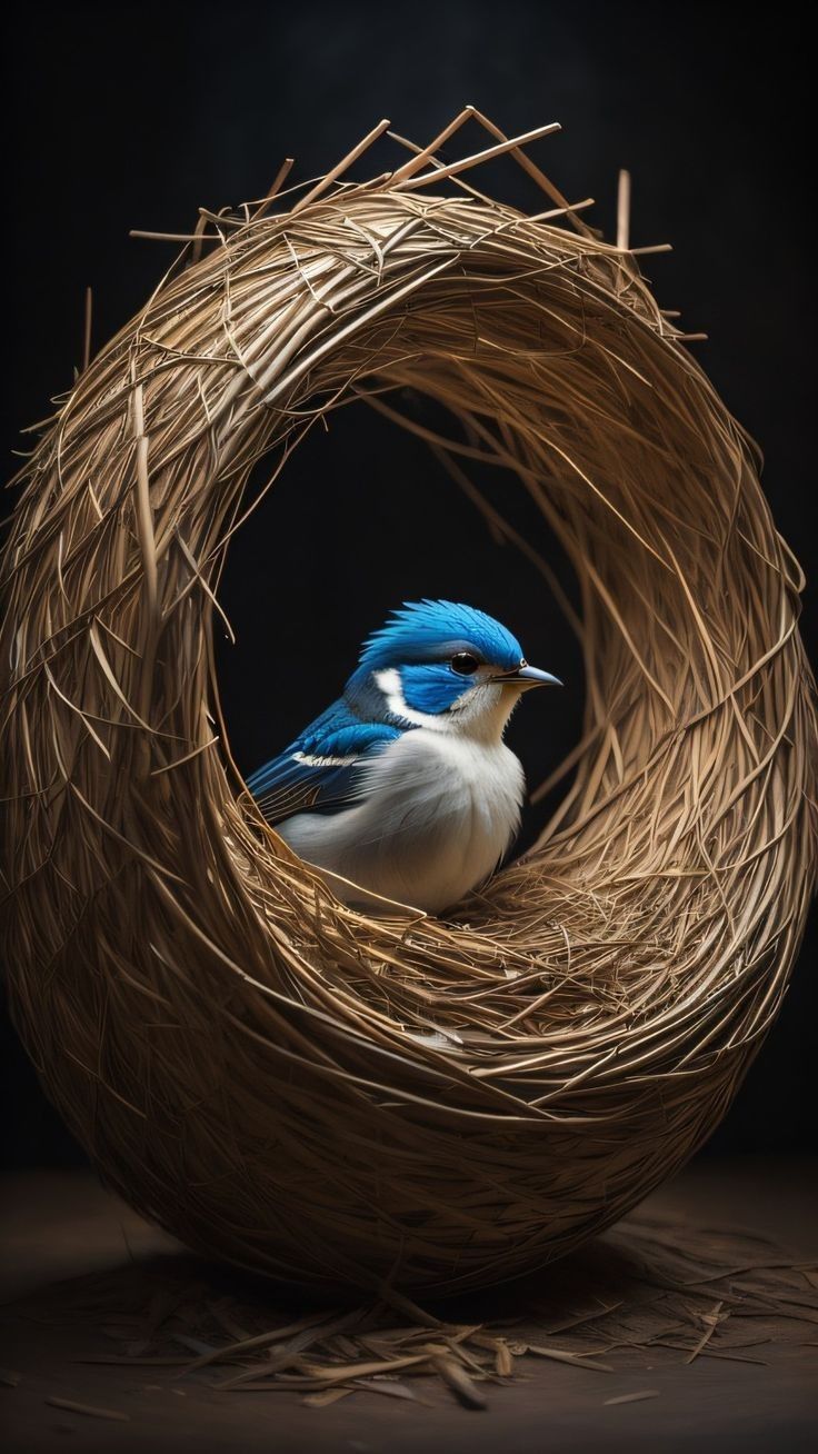 a blue and white bird is sitting in a nest made out of straw sticks on a dark background