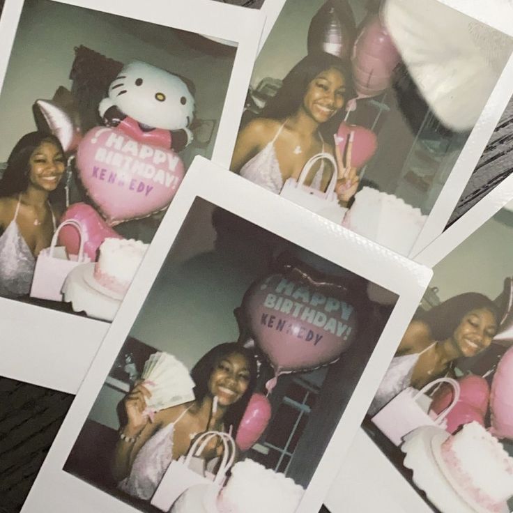 four polaroid photos with hello kitty balloons and pink heart - shaped balloons in front of them