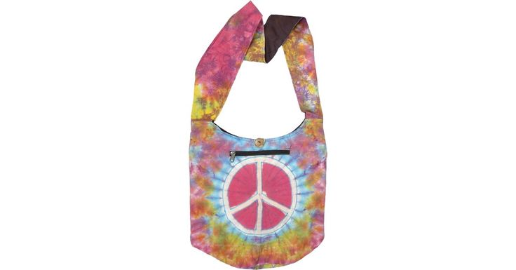 Peace Sign Tie Dye Cotton Hippie Cross Body Bag in Purses-Bags - An attractive and colorful tie-dyed cotton shoulder bag with a bright peace sign - this hippie bag has all the things you need when you are out and traveling; a zipper pocket outside (not inside), a button and zipper closure on the top, long and comfortable strap and a round bottom for some extra depth. Features: Pocket, Yoga, Vacation, Tie-Dye, Bohemian. Hippie Cotton Shoulder Bag For Travel, Hippie Bags For Everyday Summer Use, Hippie Bags With Adjustable Strap For Summer, Summer Hippie Shoulder Bag For Travel, Hippie Shoulder Bag For Summer Travel, Hippie Shoulder Bag For Everyday Use In Summer, Hippie Summer Travel Shoulder Bag, Pink Casual Bags For Festival, Casual Pink Shoulder Bag For Festival