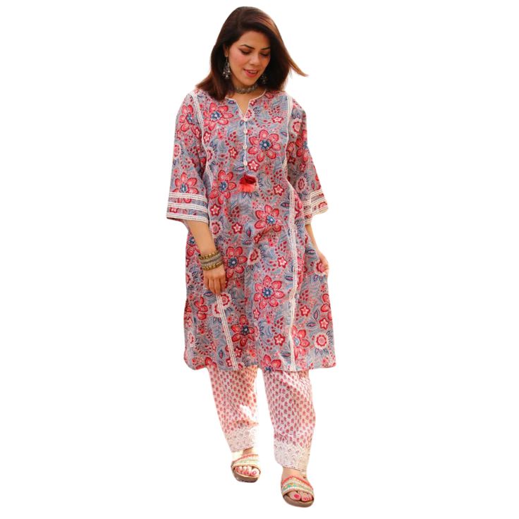 Our Afghani style chogha sets are as comfortable as they are beautiful! Designed to be free flowing and loose, this set is crafted in our signature block print cotton and comes with a top and salwar. Gorgeous tassel, lace, and shell details add interest and elevate this effortless look. This item is free size. One size fits most S-XXL. Tassel Lace, Free Flowing, Grey Floral, Be Free, Block Print, Printed Cotton, Free Size, Lace, Grey