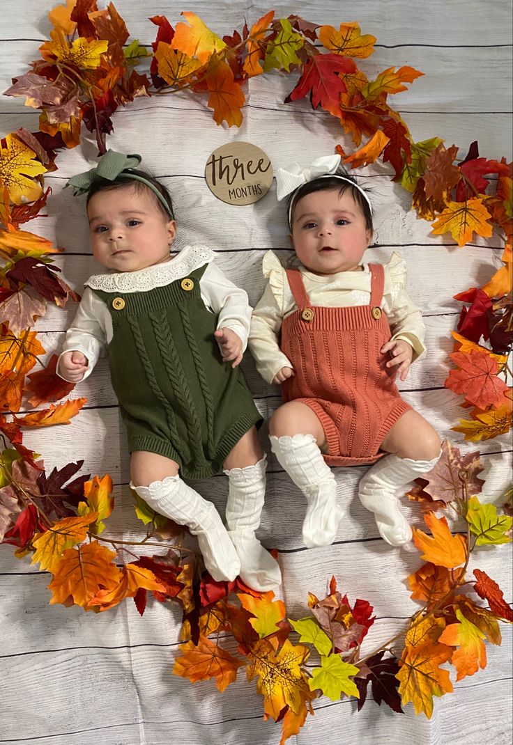 two babies are laying in a wreath with autumn leaves around them and one baby is wearing green overalls