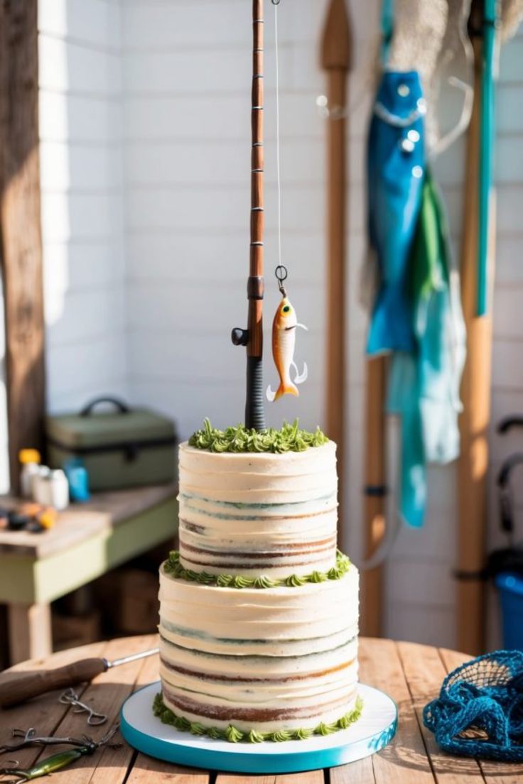 there is a fishing pole on top of the cake