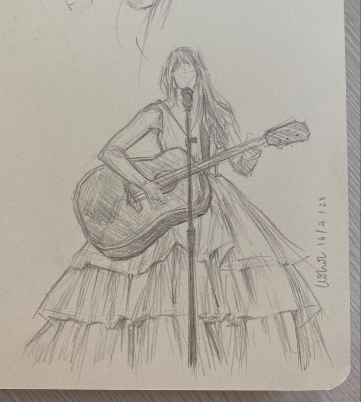 a pencil drawing of a girl with a guitar