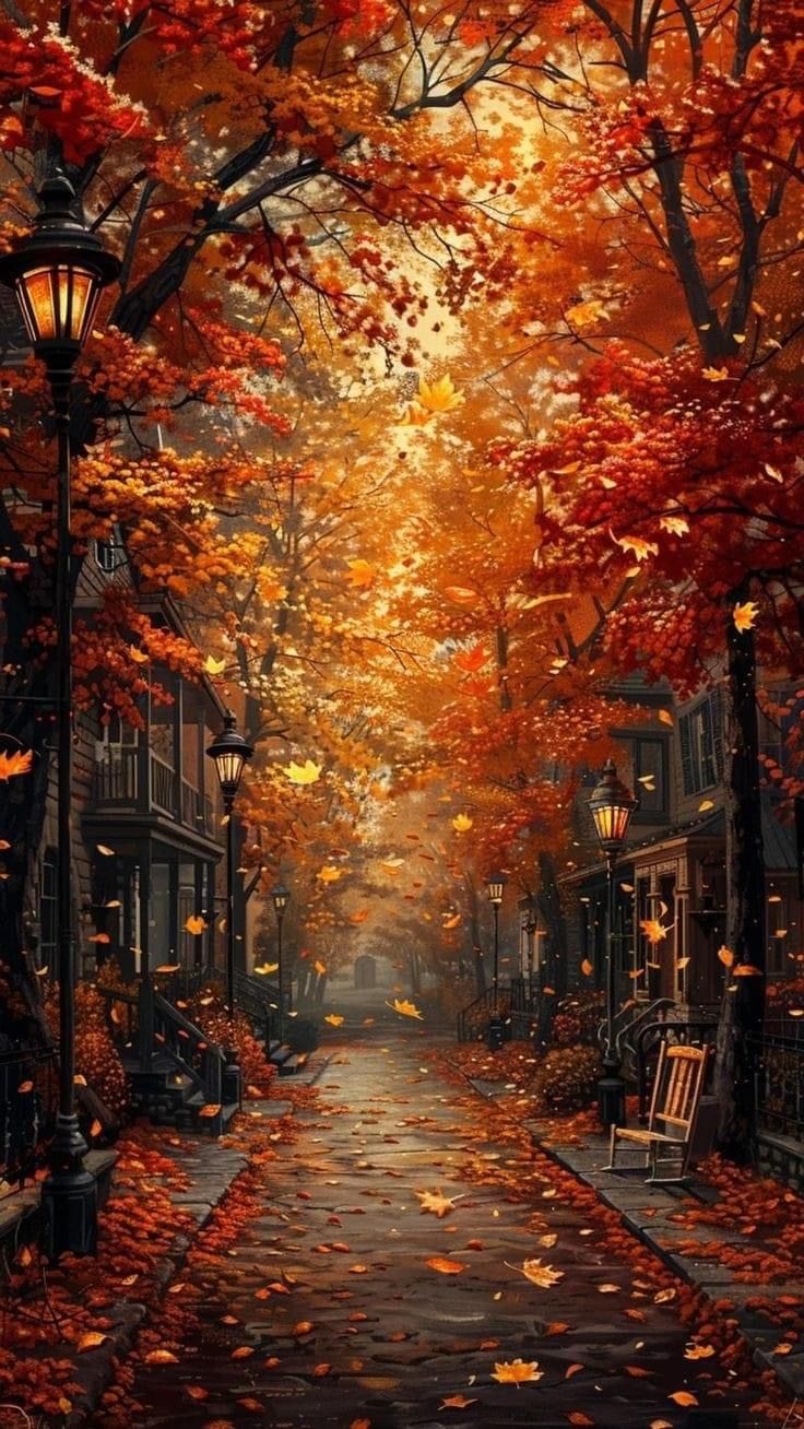 a painting of an autumn street scene with leaves on the ground and trees in the background