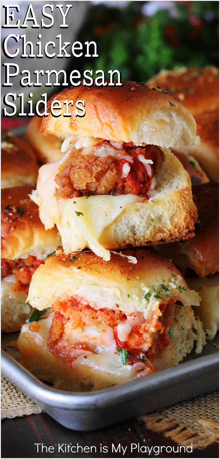 Stack of Chicken Parmesan Sliders on a Baking Sheet Easy Chicken Parmesan Sliders, Chicken Marinara Sliders, Parmesan Sliders, Gameday Recipes, Football Food Appetizers, Yummy Nummies, Chicken Parmesan Sliders, Chicken Marinara, Football Appetizers