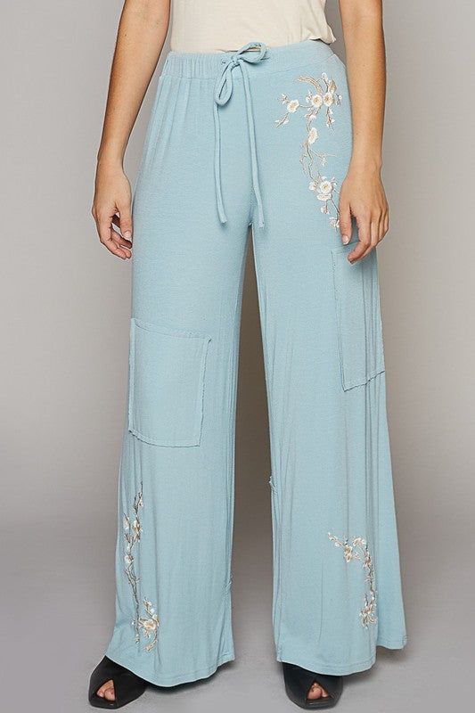 Embroidered Floral Casual Knit Pants-Pants-Krush Kandy Comfortable Blue Spring Pants, Comfortable Blue Pants For Spring, Floral Embroidered Relaxed Fit Bottoms For Loungewear, Summer Loungewear Bottoms With Floral Embroidery, Fall Bottoms With Floral Embroidery In Relaxed Fit, Fall Bottoms With Floral Embroidery And Relaxed Fit, Casual Floral Embroidery Loungewear Bottoms, Casual Floral Embroidered Loungewear Bottoms, Casual Floral Embroidered Bottoms For Loungewear