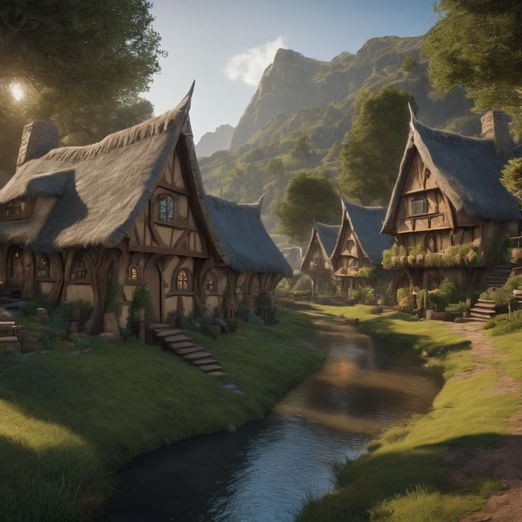 an image of a fantasy village by the river