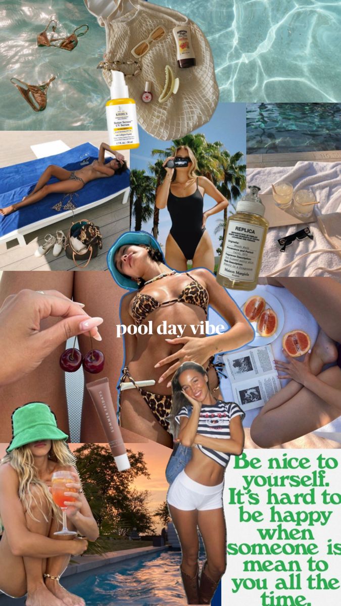 the collage shows people in bathing suits and hats