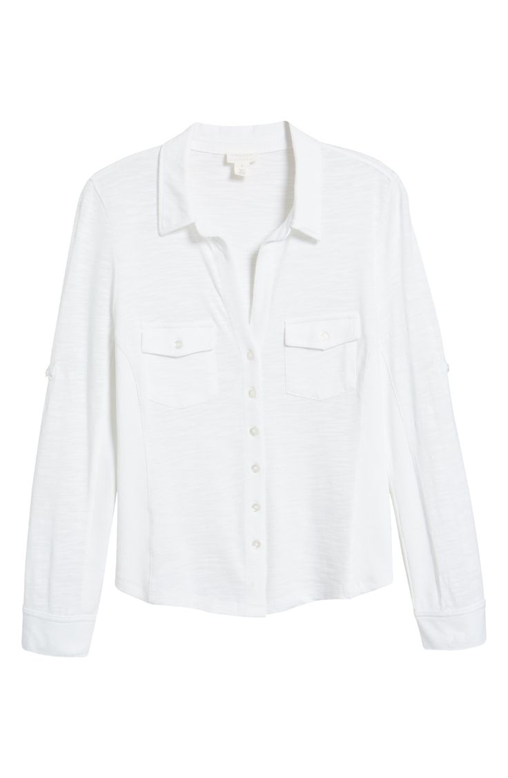 This soft cotton-blend shirt is fashioned with button-flap chest pockets and long roll-tab sleeves. 24" length (size Medium) Spread collar Long sleeves with roll-tab cuffs 60% cotton, 40% polyester Machine wash, tumble dry Imported Knit Shirt, Top Brands, Rolls, Cotton Blend, Nordstrom, Long Sleeves, Size Medium, Luxury Fashion, Collar