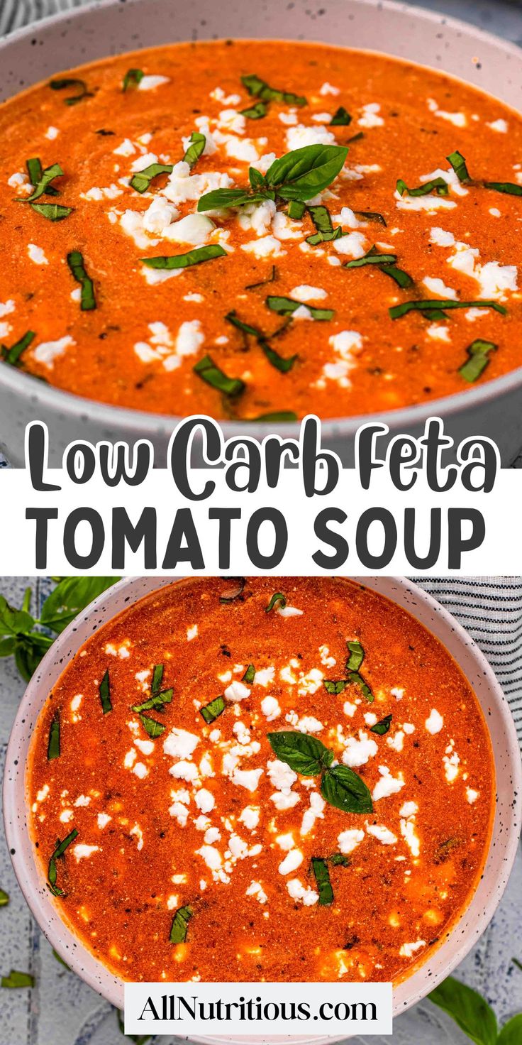 low carb tomato soup in a bowl with basil and feta cheese on top