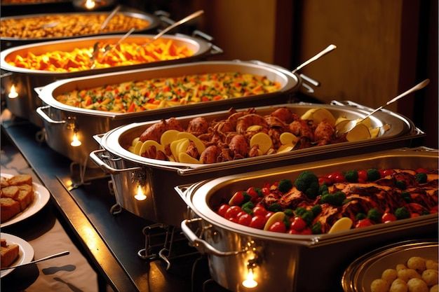 a buffet table filled with lots of different types of food