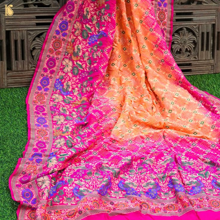 Pink & Orange Banarasi Pure Georgette Shaded Bandhani Saree - Khinkhwab Elegant Designer Wear Dupatta With Bandhani Print, Elegant Bandhani Print Dupatta For Designer Wear, Bollywood Bandhani Print Unstitched Suit For Wedding, Designer Chanderi Dupatta With Bandhani Print, Designer Brocade Dupatta With Traditional Drape, Multicolor Banarasi Silk Unstitched Suit With Zari Weaving, Designer Bandhani Print Pink Saree, Designer Pink Bandhani Print Saree, Designer Pink Saree With Bandhani Print