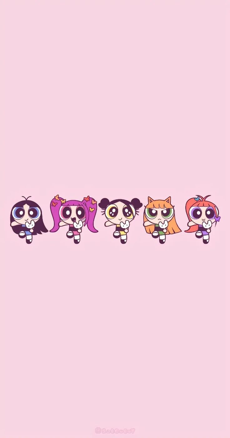 the powerpuff girls are lined up in a row on a pink wallpaper