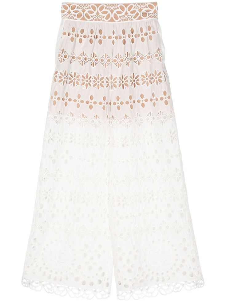 white broderie anglaise elasticated waistband high-rise wide leg two side inset pockets Bohemian Wedding Guest, Versace Outfit, City Dress, Pants White, Demi Fine Jewelry, Summer Beach Wear, Ballet Flat Shoes, Elie Saab, Palazzo Pants