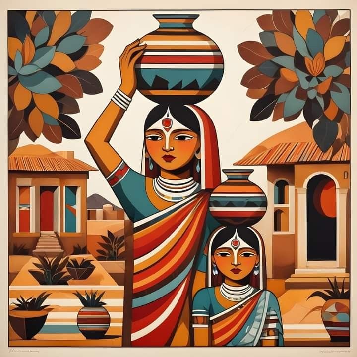 a painting of two women carrying pots on their heads