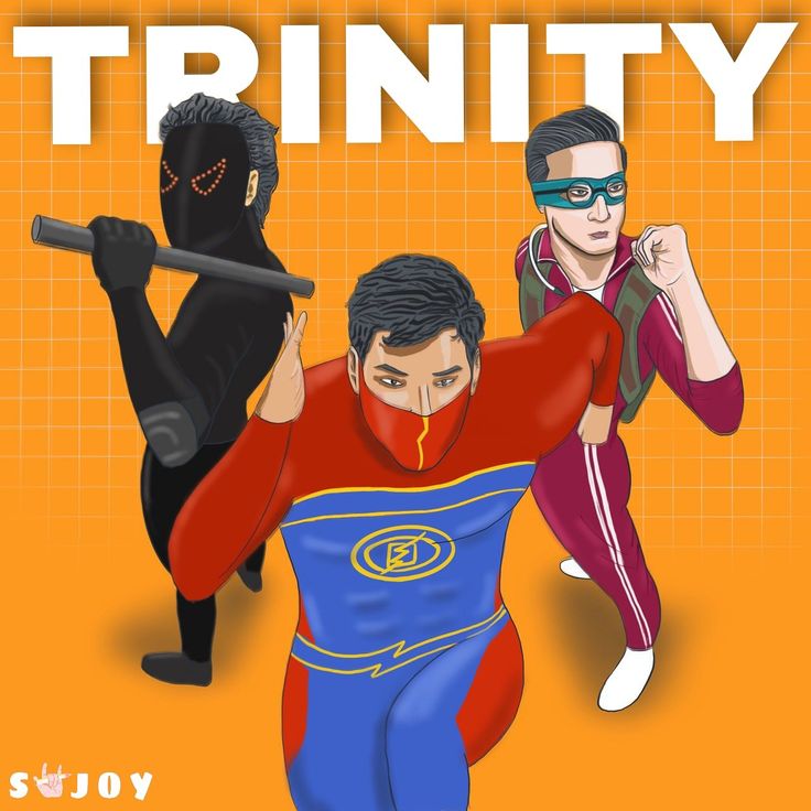 an image of two men in costumes with the words trinity on them and one man holding a bat