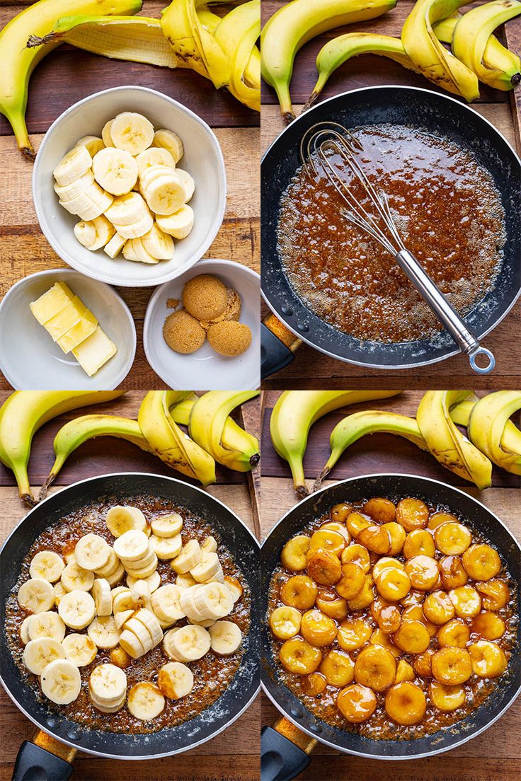 bananas and other foods are being prepared in pans