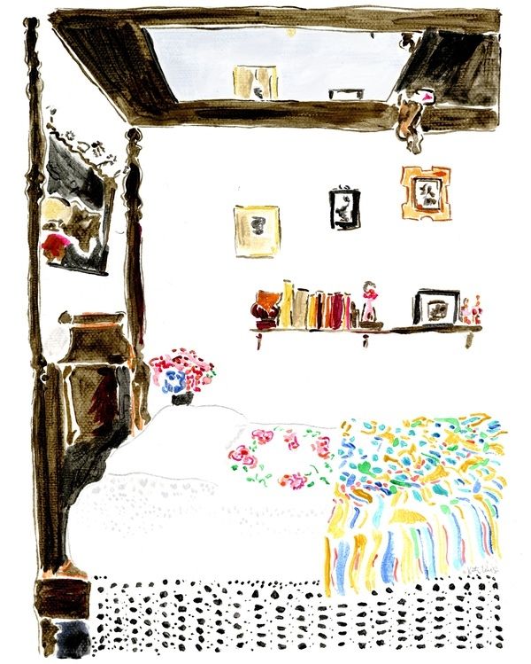 a drawing of a bedroom with a bed and pictures on the wall