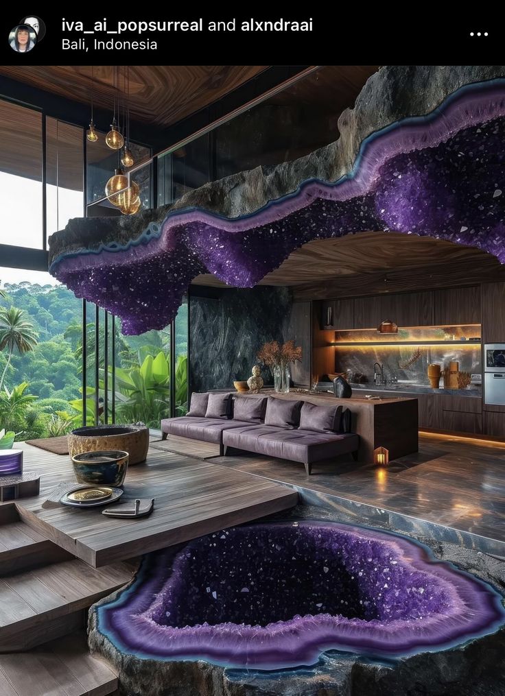 a living room filled with furniture next to a large purple stone wall covered in stars