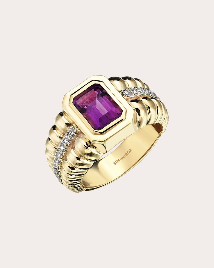 Crafted from 14-karat gold, this ring is centered around an emerald-cut amethyst, a stone long believed to carry healing properties. Dotted with round-cut diamonds, the grooved band represents life's continual renewal. From SIM and ROZ's Morphose02 Collection, a celebration of transformation. 14k yellow gold, amethyst and diamond Diamond carat: 0.4 ctw diamond, 1.77 ctw amethyst Diamond color: F-G Diamond clarity: VS2 Polish with soft cloth Handmade in Turkey Gems Rings, Gents Ring, Amethyst And Diamond Ring, Diamond Jewelry Designs, Gem Ring, Diamond Carat, Jewellery Design, Diamond Color, David Yurman