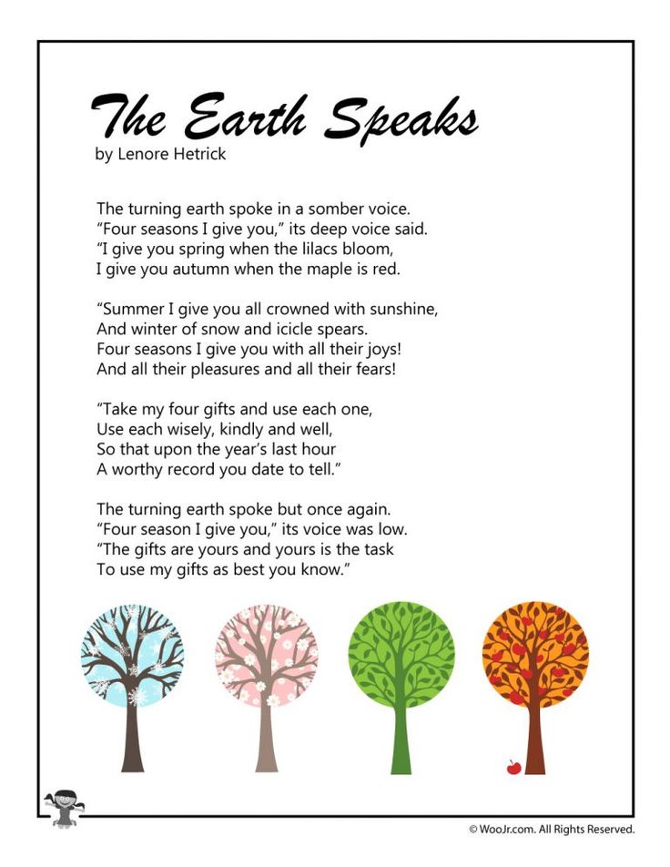 the earth speaks poem with four trees in different colors and words on it, which are also