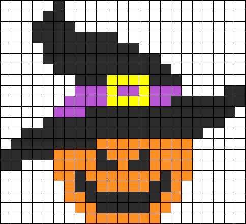 a cross stitch pattern with a pumpkin wearing a witch hat