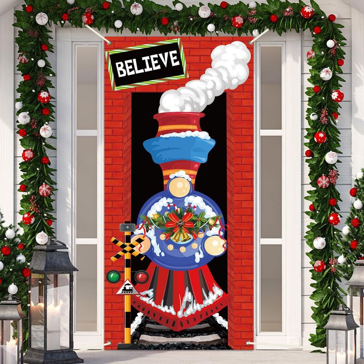 an image of a christmas door decoration with santa clause on the train coming out of it