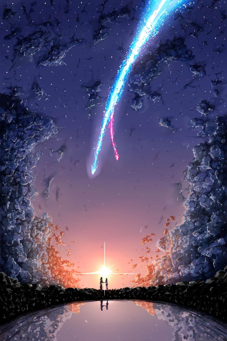 two people are standing in front of an image of the sky and stars that appear to be falling