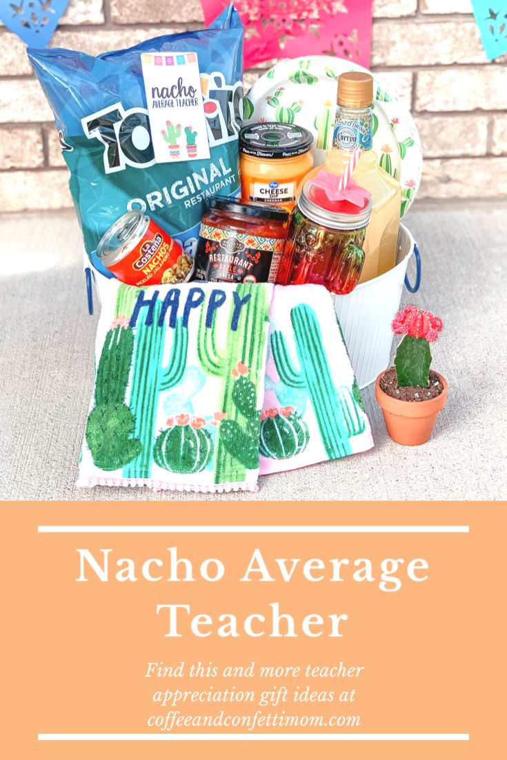 a gift basket filled with snacks and condiments for teacher's day is shown in front of a brick wall