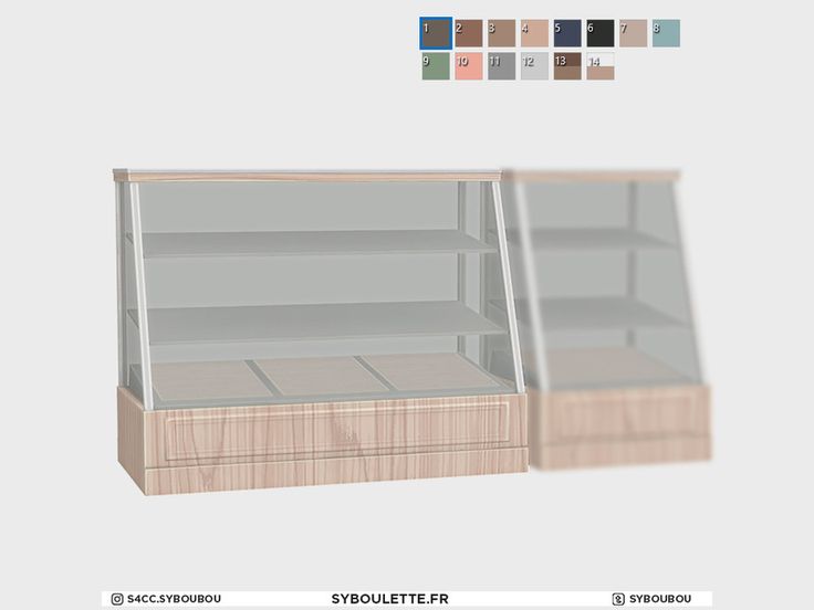 the display case is made out of wood and has two shelves with glass doors on each side