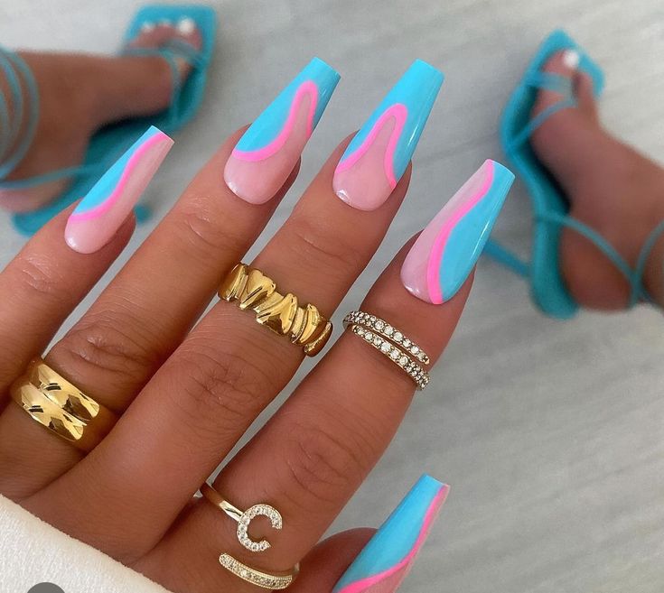 Gender Reveal Nails, Mix Match Nails, Vibrant Nails, Blue Nail Designs, Coffin Nails Designs, Long Acrylic Nails, Cute Acrylic Nails, Holiday Nails, Blue Nails