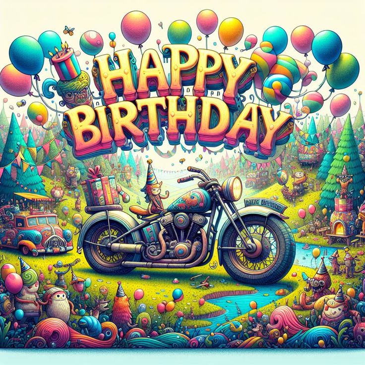 a birthday card with an image of a motorcycle on the front and balloons in the back