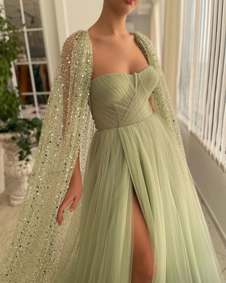 Teuta Matoshi, Split Prom Dresses, Sparkly Prom Dress, Lace Cape, Cape Gown, Custom Prom Dress, Elegant Prom Dresses, فستان سهرة, A Line Prom Dresses