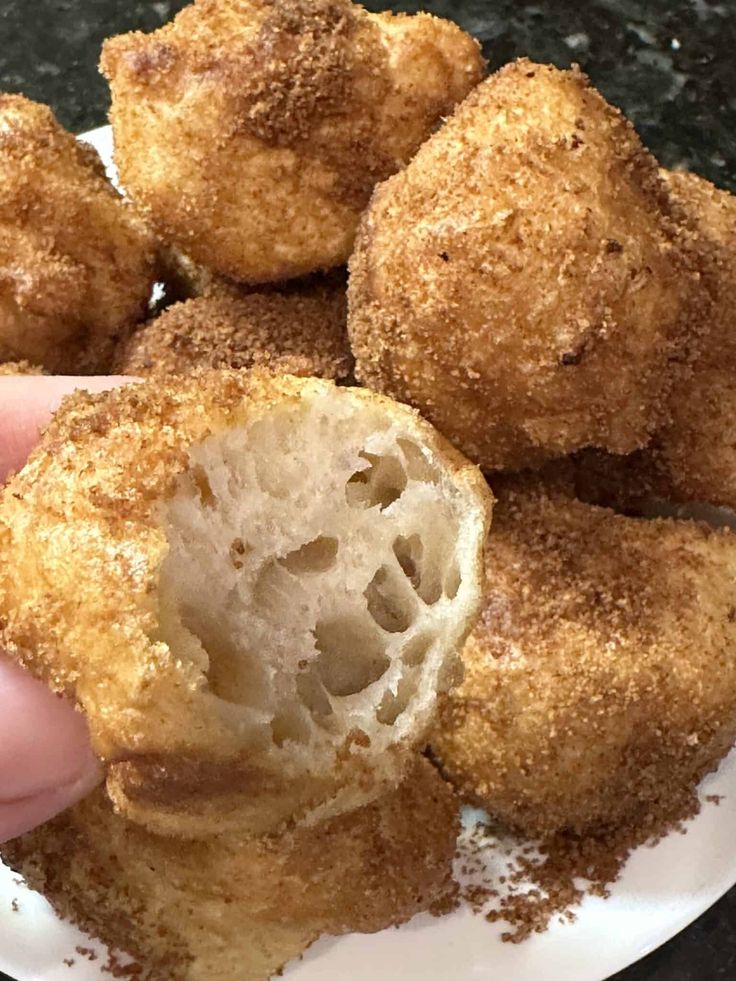 a person is holding some fried food on a plate