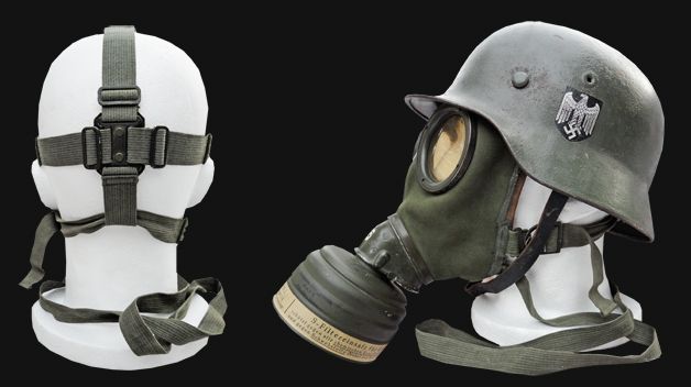 a helmet and gas mask are shown in two different positions, one with straps on it