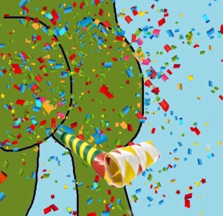 an elephant holding a candy cane surrounded by confetti and streamers in the sky