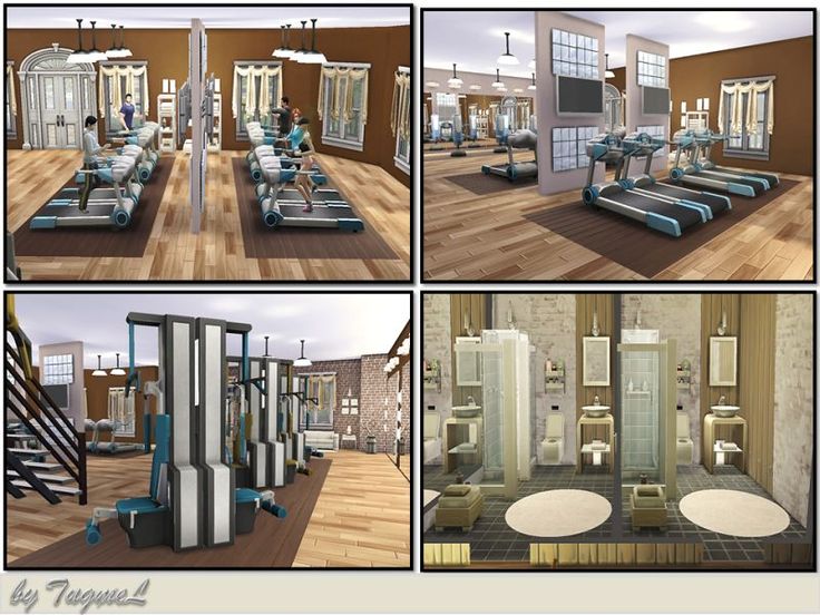 four different views of a gym with equipment