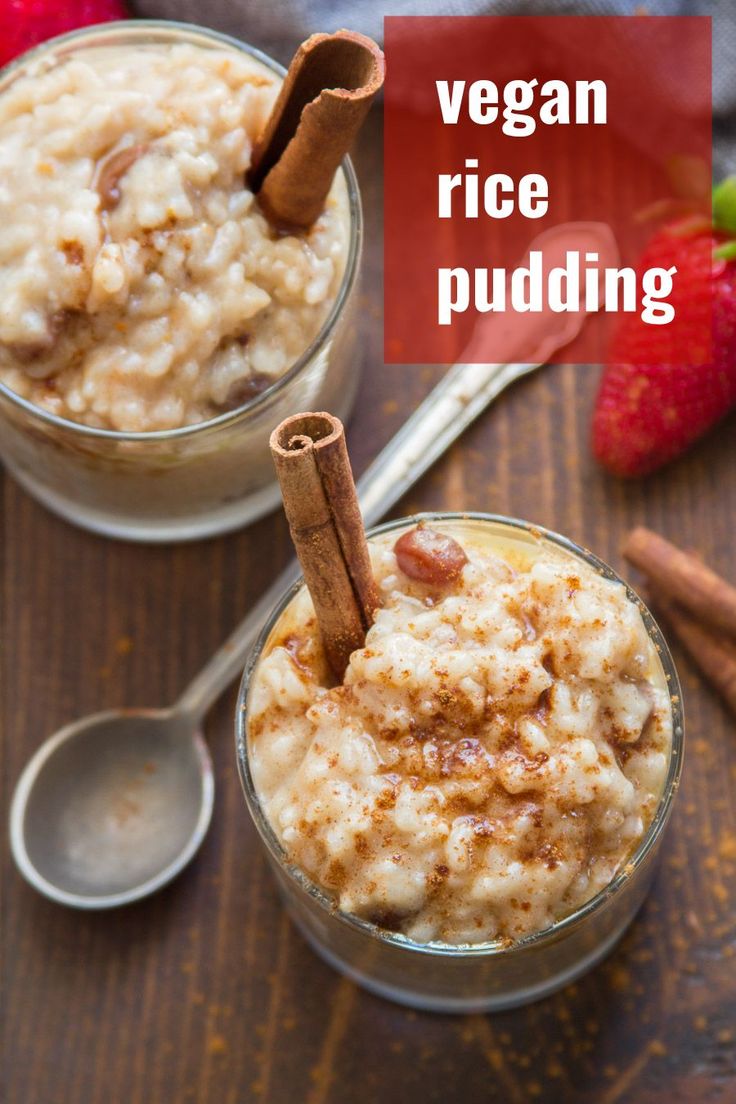 two small cups filled with oatmeal and cinnamon sticks on top of a wooden table