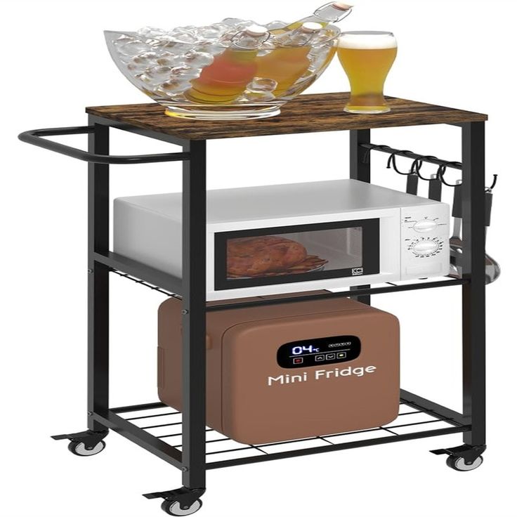 a small microwave cart with drinks on it and a bowl of food in the middle