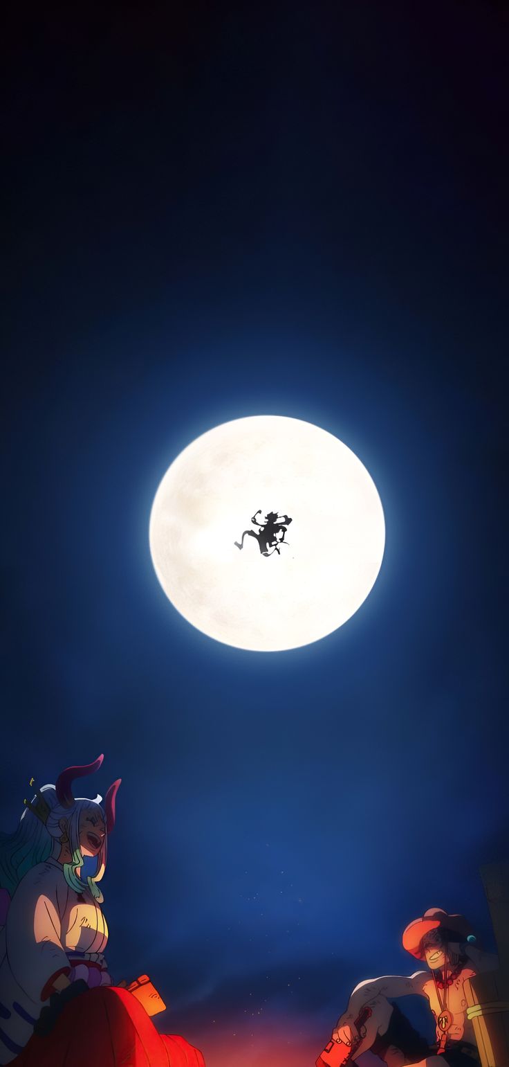 two cartoon characters sitting in front of a full moon with the sky lit up behind them