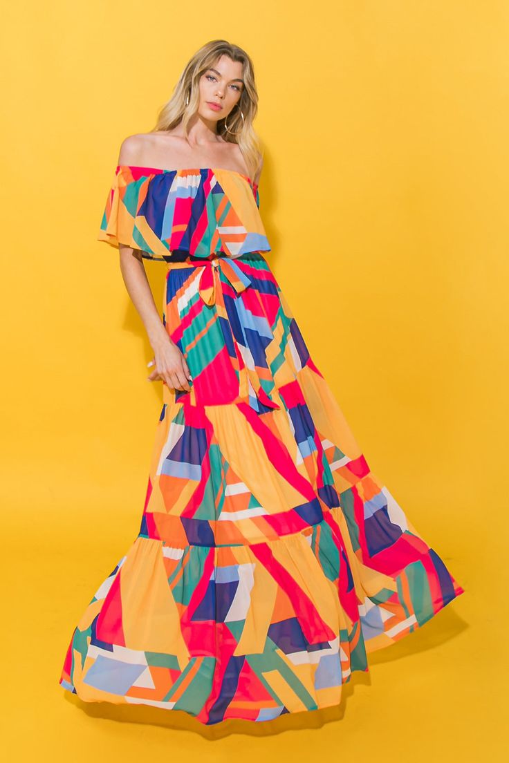 A printed woven maxi dress featuring off shoulder neckline, elasticized waist, self sash tie and tiered skirtDetailsSelf: 100% PolyesterLining: 100% PolyesterSize & Fit- Model is 5`8" And Wearing Size Small- Measurements Taken From Size Small- Approx. Length: 50.5" Multicolor Chiffon Dress With Flowy Skirt, Multicolor Chiffon Midi Dress For Beach, Multicolor Chiffon Midi Dress For The Beach, Spring Off-shoulder Lined Maxi Dress, Vibrant Maxi Dress For Brunch, Vibrant Maxi Length Dresses For Brunch, Summer Off-shoulder Lined Maxi Dress, Summer Flowy Skirt Dress With Lining, Casual Multicolor Flowy Maxi Dress