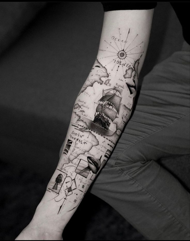 a man's arm with an image of a ship and other things on it