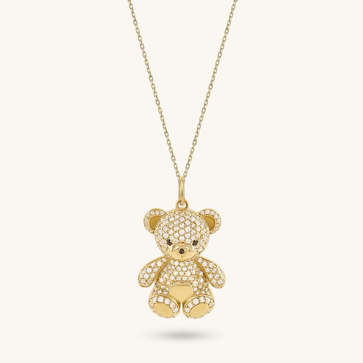 Discover your new companion!. This teddy bear necklace is meticulously crafted with 14k gold and decorated with white CZ diamonds to be your sophisticated cuddly friend. Teddy Bear Bracelet, Teddy Bear Jewelry, Teddy Necklace, Teddy Bear Necklace, Teddy Bear Pendant, Gold Knot Ring, Gold Link Chain, Fashion Closet, Nail Ring