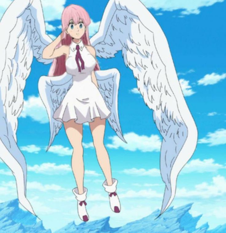 an anime character with angel wings flying through the air