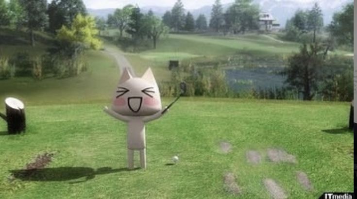 an animated cat golfing in the grass