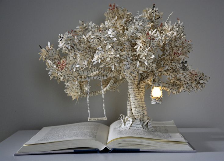 an open book with a tree made out of books