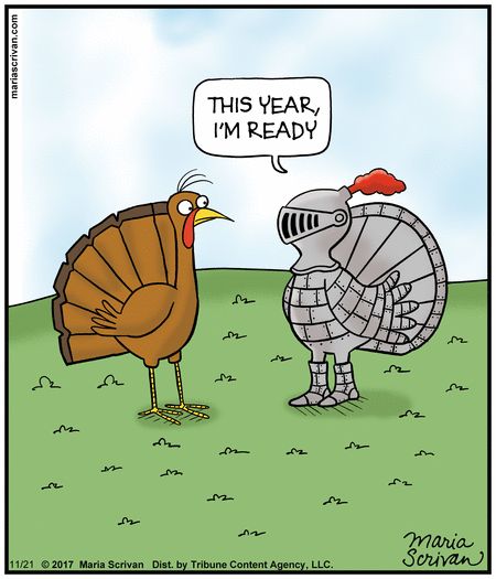 two turkeys are talking to each other while one is saying, this year i'm ready