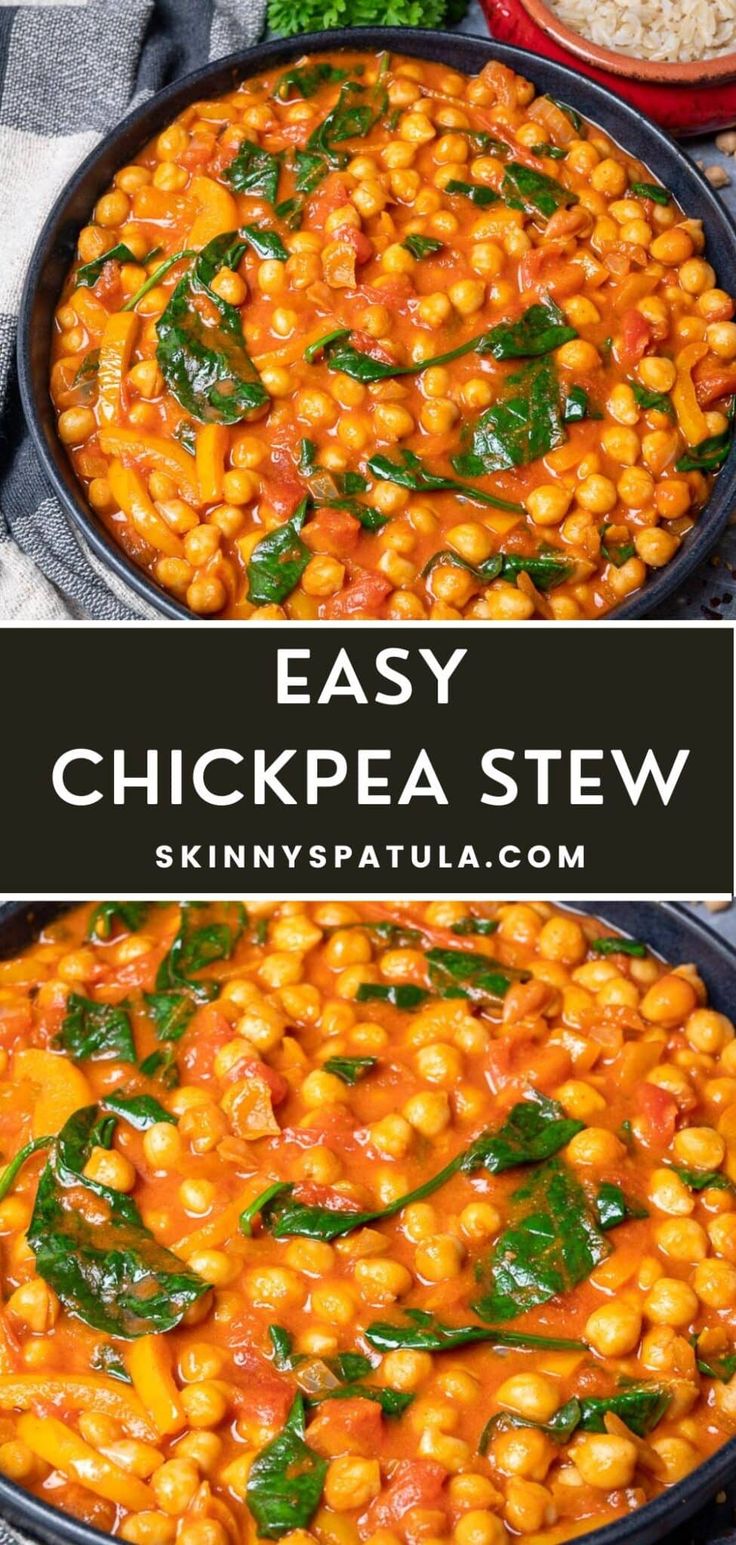 chickpea stew in a skillet with spinach leaves on top