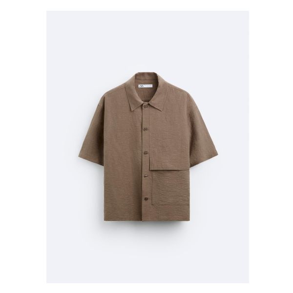 WRINKLED LOOK SHIRT Boxy Fit Shirt, Lapel Collar, Collar Shirts, Linen Fabric, Linen Blend, Patch Pocket, Workout Shirts, Short Sleeves, Zara